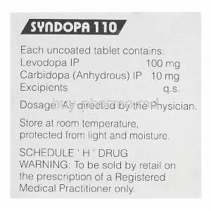 Syndopa 110, Generic Sinemet, Levodopa 100mg and Carbidopa 10mg Box Information