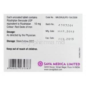 Bioritz-10, Generic  Maxalt, Rizatriptan 10mg Box Information