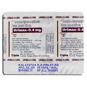 Urimax, Generic Flomax, Tamsulosin Capsule 0.4 Mg (Cipla)