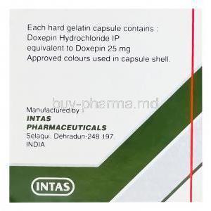 Doxin-25, Generic Sinequan, Doxepin 25mg Box Composition and Intas Manufacturer