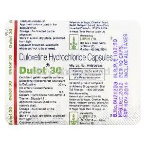 Dulot 30, Generic Cymbalta, Duloxetine 30mg Blister Pack Information