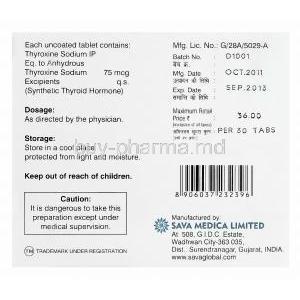 Eltibio 75, Generic Synthroid, Thyroxine Sodium 75mcg Box Information