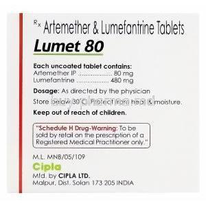 Lumet 80, Artemether 80mg and Lumefantrine 480mg Box Information
