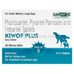 Kiwof Plus Easy Chews, Generic Drontal Plus, Praziquantel 50mg, Pyrantel Pamoate 144mg, Febantel 150mg Box