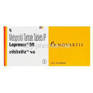 Lopresor 50, Metoprolol Tartrate 50mg Box