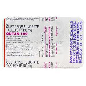 Qutan-100, Generic Seroquel, Quetiapine 100mg Tablet Strip Information