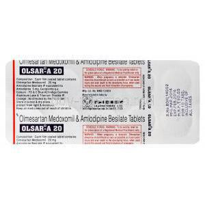 Olsar-A 20, Generic Benicar, Olmesartan Medoxomil 20mg and Amlodipine 5mg Tablet Strip Information