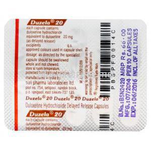 Duzela, Generic Cymbalta, Duloxetine 20mg Delayed Release Capsule Strip Information