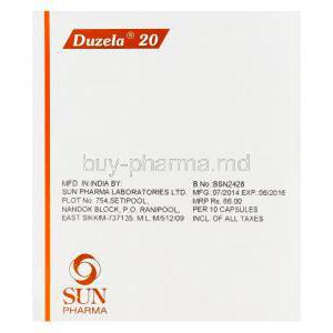 Duzela, Generic Cymbalta, Duloxetine 20mg Delayed Release Box Manufacturer Sun Pharma