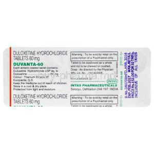 Duvanta, Generic Cymbalta, Duloxetine 60mg Tablet Strip Information