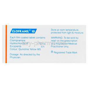 Clofranil 10, Generic Anafranil, Clomipramine Hydrochloride 10mg Box Information