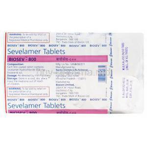 Biosev-800, Generic Renagel, Sevelamer Hydrochloride 800mg Tablet Strip Information