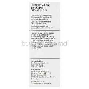 Pradaxa, Dabigatran Etexilate Mesylate 75mg Box Side 2 (Turkish)