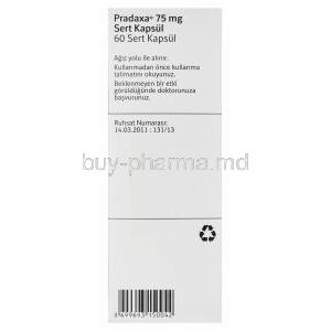 Pradaxa, Dabigatran Etexilate Mesylate 75mg Box Side 1 (Turkish)