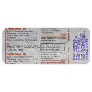 Nemdaa 10, Generic Namenda, Memantine Hydrochloride 10mg Tablet Strip Information