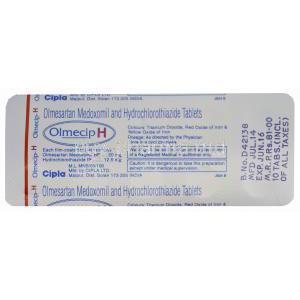 Olmecip H, Generic Benicar HCT, Olmesartan Medoxomil 20mg and Hydrochlorothiazide 12.5mg Tablet Strip Information