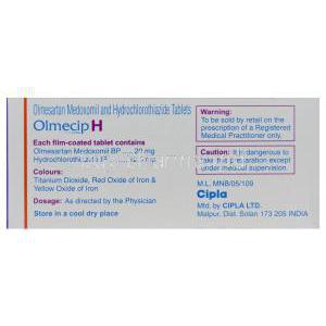 Olmecip H, Generic Benicar HCT, Olmesartan Medoxomil 20mg and Hydrochlorothiazide 12.5mg Box Information