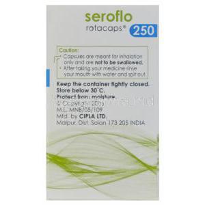 Seroflo Rotacaps 250, Generic Advair, Salmeterol 50mcg and Fluticasone Propionate 250mcg Rotacaps Box Manufacturer Cipla