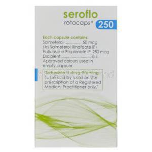 Seroflo Rotacaps 250, Generic Advair, Salmeterol 50mcg and Fluticasone Propionate 250mcg Rotacaps Box Composition