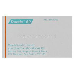 Duzela 60, Generic Cymbalta, Duloxetine 60mg Delayed Release Box Manufacturer Sun Pharma
