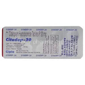 Generic  Celexa, Citalopram 20 mg blister back