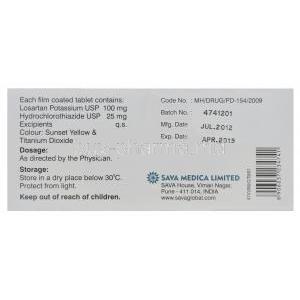 Lorsava H-DS, Generic Hyzaar, Losartan Potassium 100mg and Hydrochlorothiazide 25mg Box Information