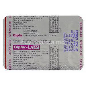 Ciplar-LA 80, Genric Inderal LA, Propranolol Hydrochloride 80mg Long Acting Tablet Strip Information