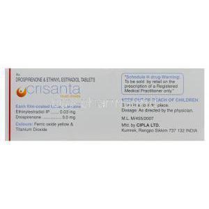 Crisanta, Generic Yasmin, Drospirenone 3mg and Ethinylestradiol 0.03mg Box Information