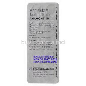 Anamont 10, Generic Singulair, Montelukast 10mg Tablet Strip Information