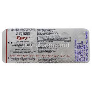 Epry, Generic Myonal, Eperisone Hydrochloride 50mg Tablet Strip Information