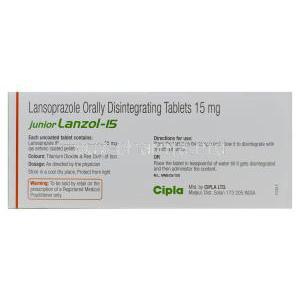 Junior Lanzol-15, Generic Prevacid, Lansoprazole 15mg Orally Disintegrating Box Information