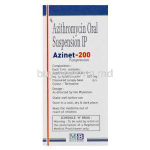 Azinet-200, Generic Zithromax, Azithromycin Oral Suspension 200mg per 5ml 15ml Box Composition