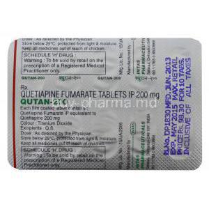 Qutan-200, Generic Seroquel, Quetiapine 200mg Tablet Strip Information