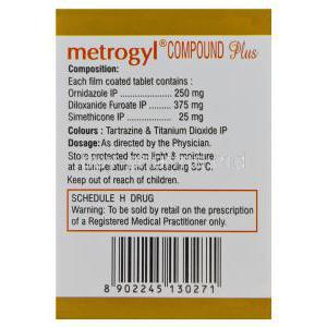 Metrogyl Compound Plus, Ornidazole 250mg Diloxanide Furoate 375mg Simethicone 25mg Box Composition