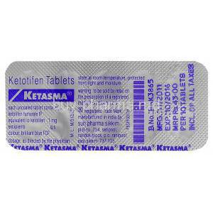 Ketasma, Generic Zaditen, Ketotifen 1mg Tablet Strip Information