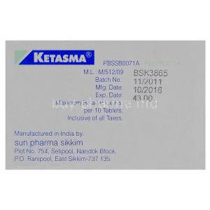 Ketasma, Generic Zaditen, Ketotifen 1mg Box Manufacturer Sun Pharma