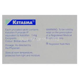 Ketasma, Generic Zaditen, Ketotifen 1mg Box Composition