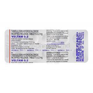 Veltam 0.2, Generic Flomax, Tamsulosin Hydrochloride 0.2mg Modified Release Tablet Strip Information