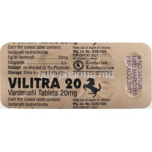 Vilitra 20, Vardenafil 20mg Tablet Strip Information