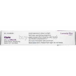 Lumacip Plus Cream, Fluocinolone 0.01% Hydroquinone 4% Tretinoin 0.05% 15 gm Cream Box Manufacturer Cipla