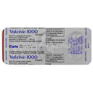 Generic  Valtrex, Valaciclovir 1000 mg blister back