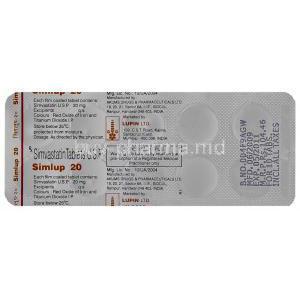 Simlup 20, Generic  Zocor, Simvastatin 20mg Tablet Strip Information