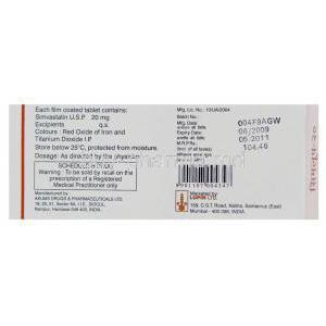 Simlup 20, Generic  Zocor, Simvastatin 20mg Box Information