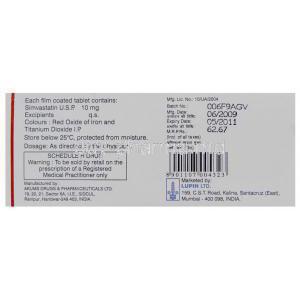 Simlup 10, Generic  Zocor, Simvastatin 10mg Box Information