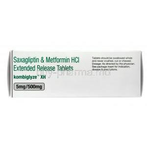 Kombiglyze XR, Saxagliptin 5mg and Metformin HCl 500mg Extended Release Box Side