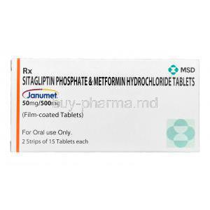 Janumet, Sitagliptin Phosphate 50mg and Metformin Hcl 500mg Box
