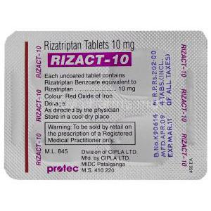 Generic   Maxalt, Rizatriptan 10 mg blister information