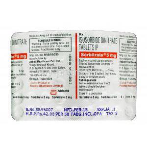 Sorbitrate, Generic  Isordil, Isosorbide Dinitrate, 5mg packaging information