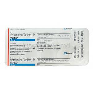 Vertin, Generic  Serc, Betahistine 8mg blister packaging