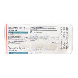 Vertin, Generic  Serc, Betahistine 16mg blister pack